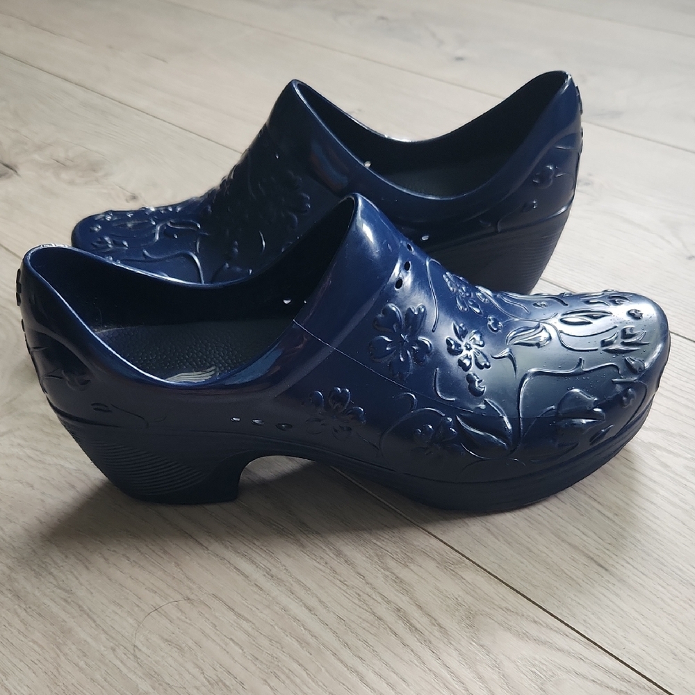 Dansko Blue Embossed Clogs with Glossy Finish